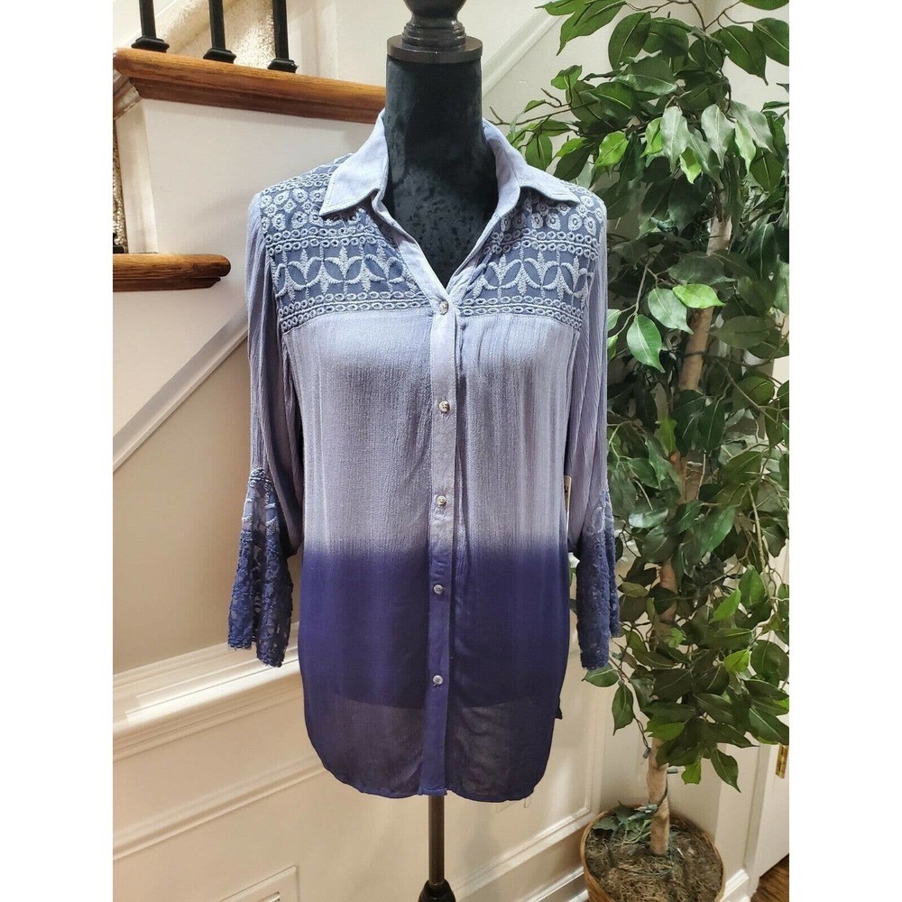 Studio West Apparel Women's Blue Rayon Collared Long Sleeve Button Down Shirt PL